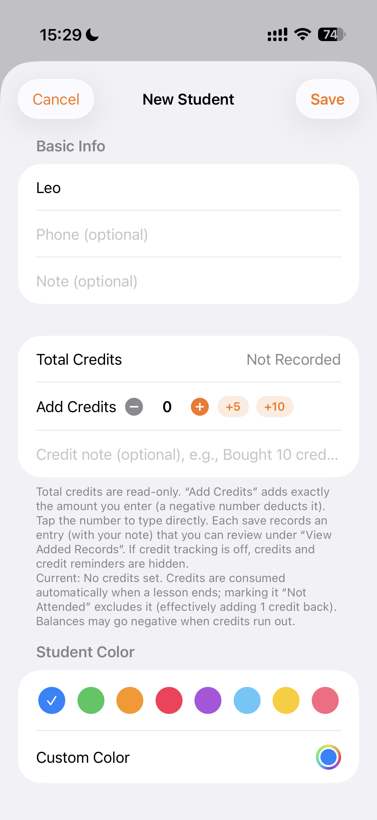 CoachTick student list with credit balances